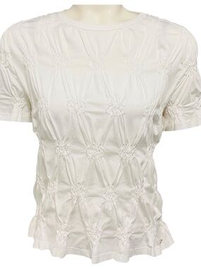 CHANEL WHITE 2022 CRUISE COLLECTION COCO MARK EMBROIDERED GATHERED SHORT SLEEVED